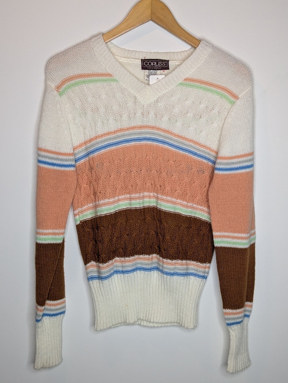 Vintage V-Neck Striped Cable Knit Sweater - Cream & Brown 70's 80's S/M